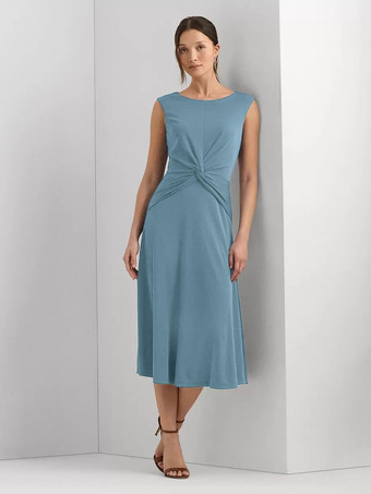 ティールマザードレス ジュエルネック ノースリーブ ショート プリーツ ウェディングゲストドレス