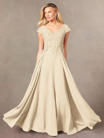 シャンパンパーティードレス 花嫁の母用 Vネック 半袖 Aライン レース マキシレングス ゲストドレス 結婚式用