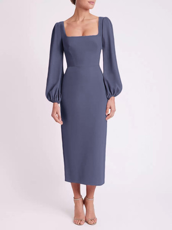 グレーブルーブライダルマザードレス スクエアネック 長袖 ショート丈 ティー丈 ゲストドレス 結婚式用