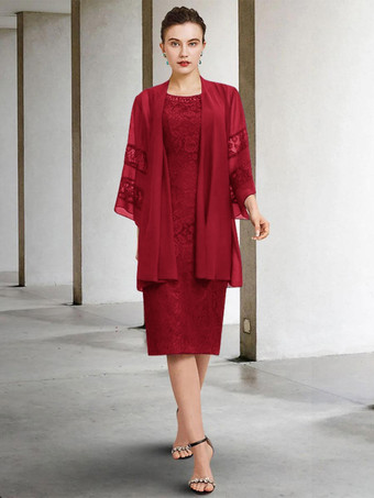 バーガンディー花嫁の母のためのパーティー ドレス ジュエル ネック ノースリーブ A ライン レース ウェディング ゲスト ドレス 自由なカスタマイズ