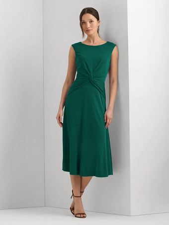 ダークグリーンマザードレス ジュエルネック ノースリーブ ショート プリーツ ウェディングゲストドレス