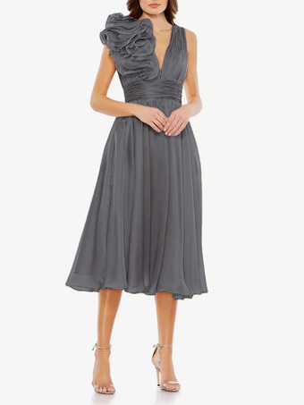 グレイブライダルマザードレス Vネック ノースリーブ Aライン プリーツ 膝丈 ゲストドレス 結婚式用