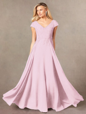 ソフトピンクパーティードレス 花嫁の母用 Vネック 半袖 Aライン レース マキシレングス ゲストドレス 結婚式用