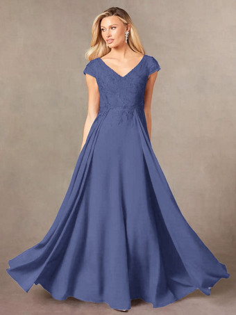 ロイヤパープルパーティードレス 花嫁の母用 Vネック 半袖 Aライン レース マキシレングス ゲストドレス 結婚式用