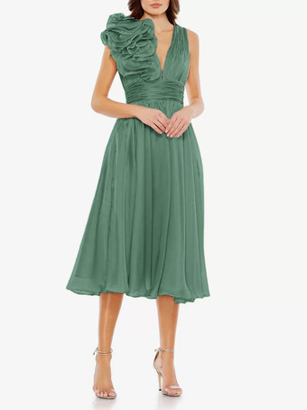 グリーン ブライダルマザードレス Vネック ノースリーブ Aライン プリーツ 膝丈 ゲストドレス 結婚式用