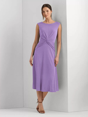 ライラック マザードレス ジュエルネック ノースリーブ ショート プリーツ ウェディングゲストドレス