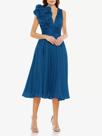 ディープブルーブライダルマザードレス Vネック ノースリーブ Aライン プリーツ 膝丈 ゲストドレス 結婚式用