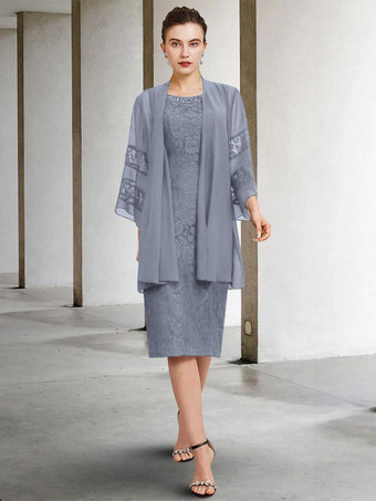 グレイ花嫁の母のためのパーティー ドレス ジュエル ネック ノースリーブ A ライン レース ウェディング ゲスト ドレス 自由なカスタマイズ