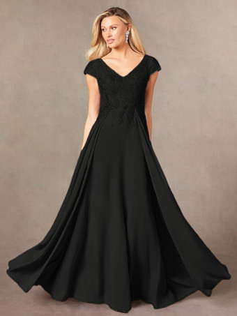 ブラックパーティードレス 花嫁の母用 Vネック 半袖 Aライン レース マキシレングス ゲストドレス 結婚式用