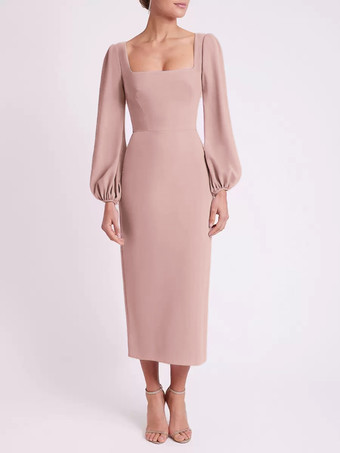 サーモンピンクブライダルマザードレス スクエアネック 長袖 ショート丈 ティー丈 ゲストドレス 結婚式用