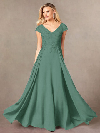 セージグリーンパーティードレス 花嫁の母用 Vネック 半袖 Aライン レース マキシレングス ゲストドレス 結婚式用