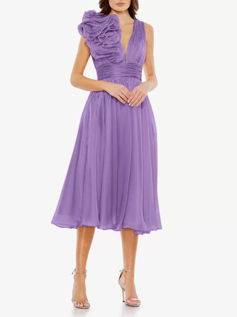 パープル ブライダルマザードレス Vネック ノースリーブ Aライン プリーツ 膝丈 ゲストドレス 結婚式用