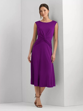 プラムマザードレス ジュエルネック ノースリーブ ショート プリーツ ウェディングゲストドレス