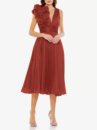 ブリックレッドブライダルマザードレス Vネック ノースリーブ Aライン プリーツ 膝丈 ゲストドレス 結婚式用