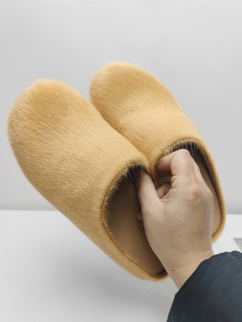 Apricot Women Winter Slippers Faux Fur Hair Round Toe slides