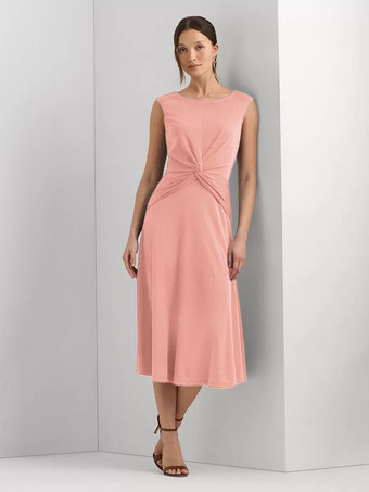 ピンクマザードレス ジュエルネック ノースリーブ ショート プリーツ ウェディングゲストドレス