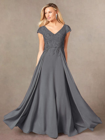 グレイパーティードレス 花嫁の母用 Vネック 半袖 Aライン レース マキシレングス ゲストドレス 結婚式用