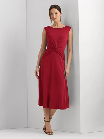 バーガンディーマザードレス ジュエルネック ノースリーブ ショート プリーツ ウェディングゲストドレス