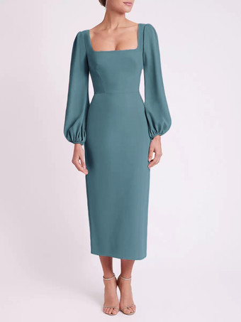 ブルーグリーンブライダルマザードレス スクエアネック 長袖 ショート丈 ティー丈 ゲストドレス 結婚式用