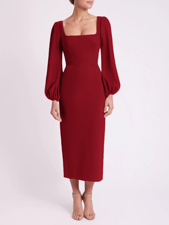 レッド ブライダルマザードレス スクエアネック 長袖 ショート丈 ティー丈 ゲストドレス 結婚式用