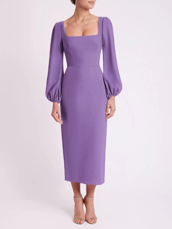 パープル ブライダルマザードレス スクエアネック 長袖 ショート丈 ティー丈 ゲストドレス 結婚式用