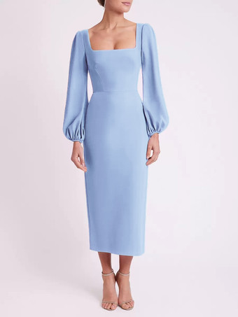 ベビーブルーブライダルマザードレス スクエアネック 長袖 ショート丈 ティー丈 ゲストドレス 結婚式用