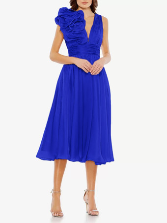 ロイヤルブルーブライダルマザードレス Vネック ノースリーブ Aライン プリーツ 膝丈 ゲストドレス 結婚式用