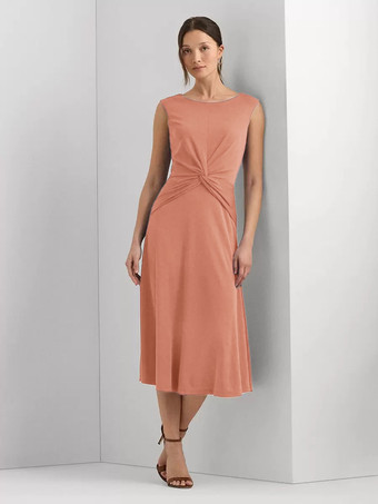 ブリックレッドマザードレス ジュエルネック ノースリーブ ショート プリーツ ウェディングゲストドレス