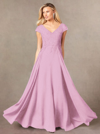 フクシャピンクパーティードレス 花嫁の母用 Vネック 半袖 Aライン レース マキシレングス ゲストドレス 結婚式用