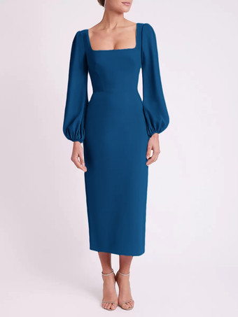 インクブルーブライダルマザードレス スクエアネック 長袖 ショート丈 ティー丈 ゲストドレス 結婚式用