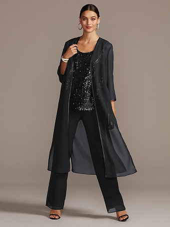 ブラックブライダルマザードレス3ピースセットジュエルネック3/4レングススリーブAラインスパンコールロングウェディングゲスト衣装