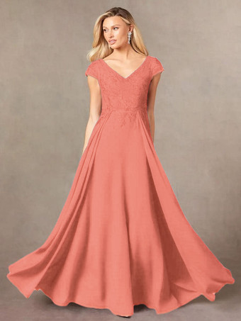 ブリックレッドパーティードレス 花嫁の母用 Vネック 半袖 Aライン レース マキシレングス ゲストドレス 結婚式用