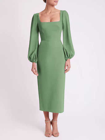 セージグリーンブライダルマザードレス スクエアネック 長袖 ショート丈 ティー丈 ゲストドレス 結婚式用