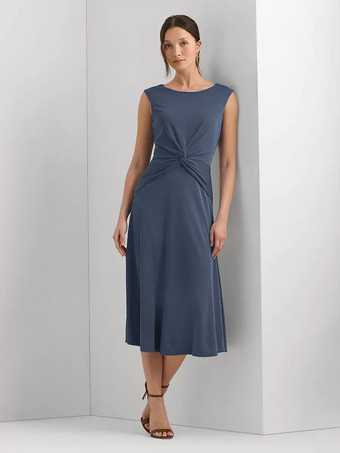 ディープブルーマザードレス ジュエルネック ノースリーブ ショート プリーツ ウェディングゲストドレス