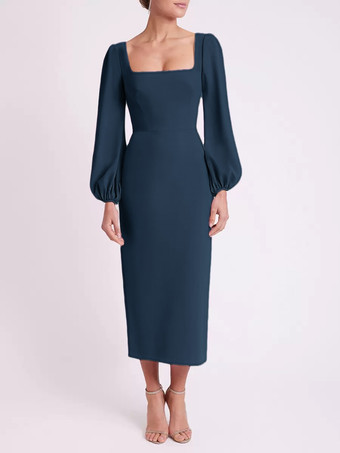 ダークネイビーブライダルマザードレス スクエアネック 長袖 ショート丈 ティー丈 ゲストドレス 結婚式用