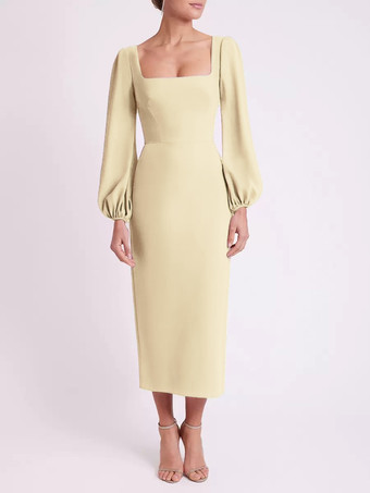 スイセン色ブライダルマザードレス スクエアネック 長袖 ショート丈 ティー丈 ゲストドレス 結婚式用