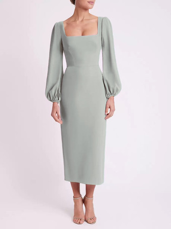 グレイブライダルマザードレス スクエアネック 長袖 ショート丈 ティー丈 ゲストドレス 結婚式用