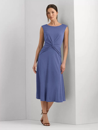 ロイヤルブルーマザードレス ジュエルネック ノースリーブ ショート プリーツ ウェディングゲストドレス