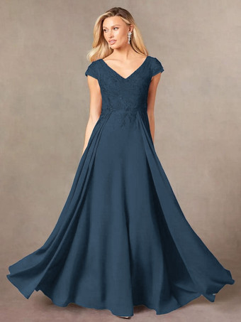 インクブルーパーティードレス 花嫁の母用 Vネック 半袖 Aライン レース マキシレングス ゲストドレス 結婚式用