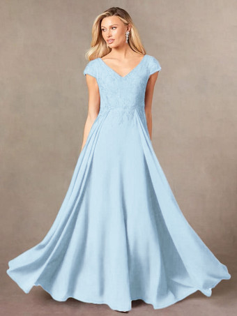 ベビーブルーパーティードレス 花嫁の母用 Vネック 半袖 Aライン レース マキシレングス ゲストドレス 結婚式用