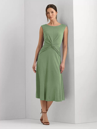 セージグリーンマザードレス ジュエルネック ノースリーブ ショート プリーツ ウェディングゲストドレス