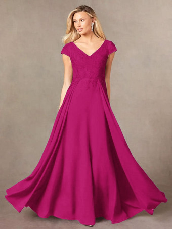 バービーパーティードレス 花嫁の母用 Vネック 半袖 Aライン レース マキシレングス ゲストドレス 結婚式用