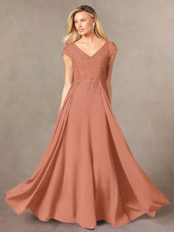 アンバーパーティードレス 花嫁の母用 Vネック 半袖 Aライン レース マキシレングス ゲストドレス 結婚式用