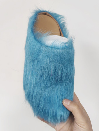 Blue Women Winter Slippers Faux Fur Hair Round Toe slides