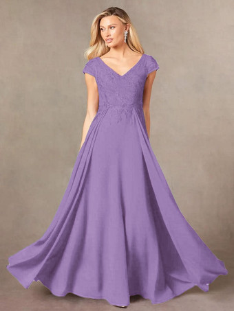 パープル パーティードレス 花嫁の母用 Vネック 半袖 Aライン レース マキシレングス ゲストドレス 結婚式用