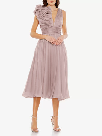 サーモンピンクブライダルマザードレス Vネック ノースリーブ Aライン プリーツ 膝丈 ゲストドレス 結婚式用