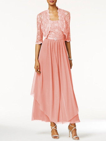 ソフトピンク花嫁のドレスの母2個ラインレース足首の長さのウェディングゲストドレス