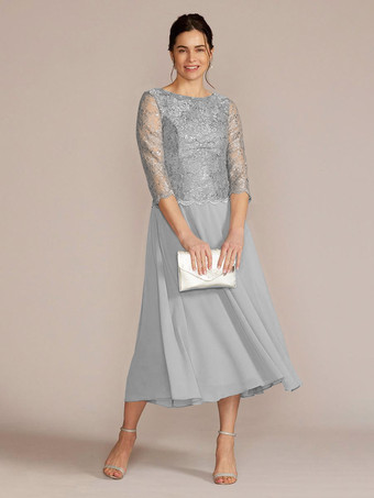 ライトグレーパーティードレス 花嫁の母用 ジュエルネック 七分袖 Aライン レース 足首丈 ゲストドレス 結婚式用