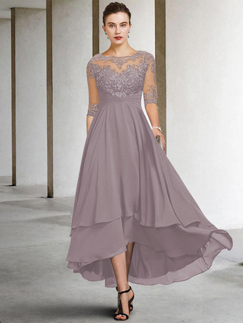 ライトグレー花嫁の母のためのパーティードレス ジュエルネック ハーフスリーブ Aライン レース ティーレングス ゲストドレス 結婚式用 無料カスタマイズ