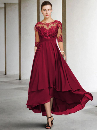 バーガンディー花嫁の母のためのパーティードレス ジュエルネック ハーフスリーブ Aライン レース ティーレングス ゲストドレス 結婚式用 無料カスタマイズ